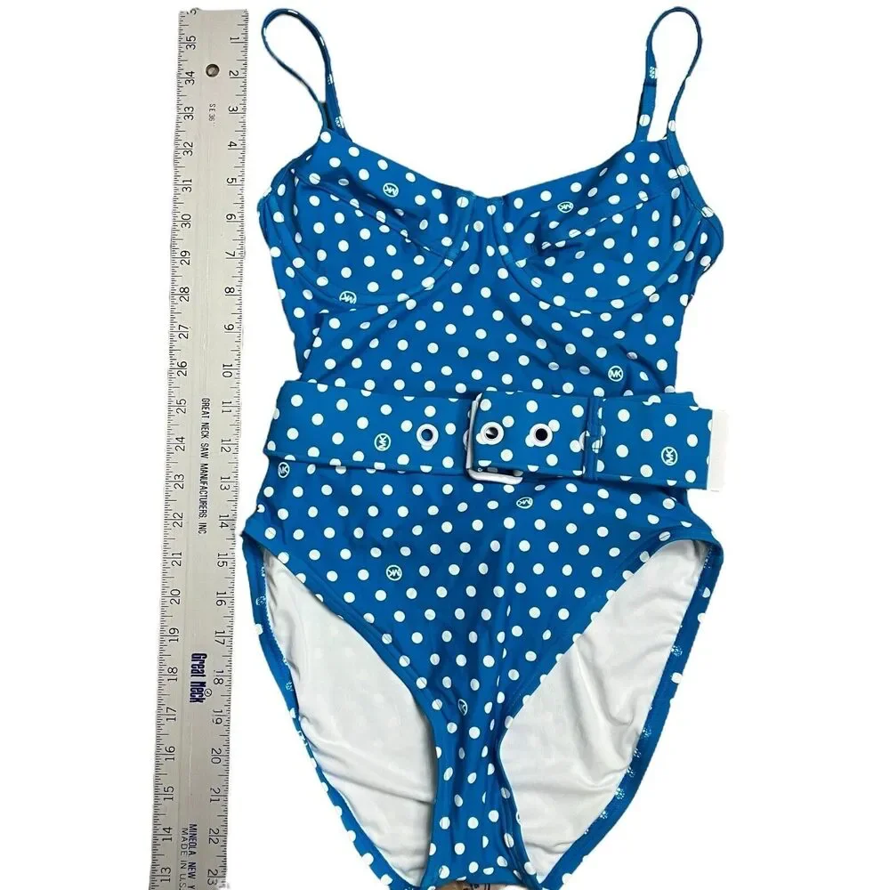 Michael Kors Swimsuit 6 Blue Polka Dot Belted Underwire One Piece Rockabilly Fun